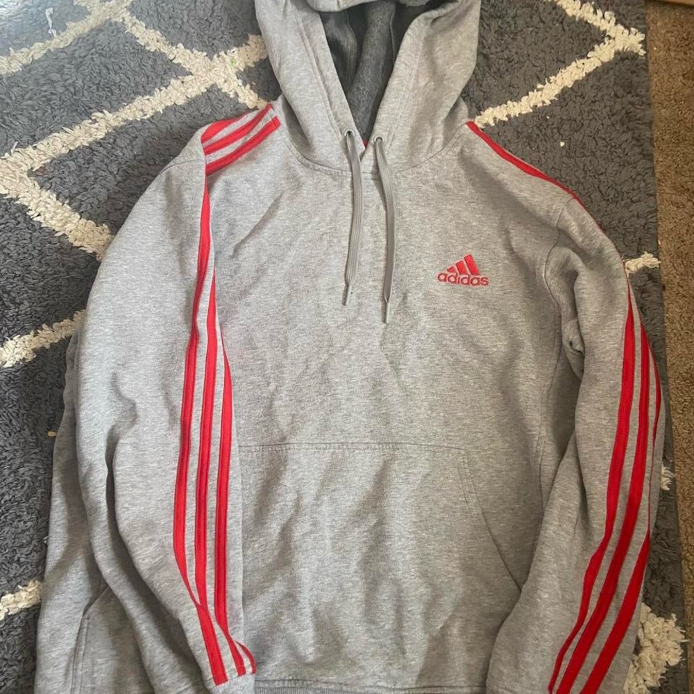 Men’s Adidas medium size hoodie. Gray with red stripes